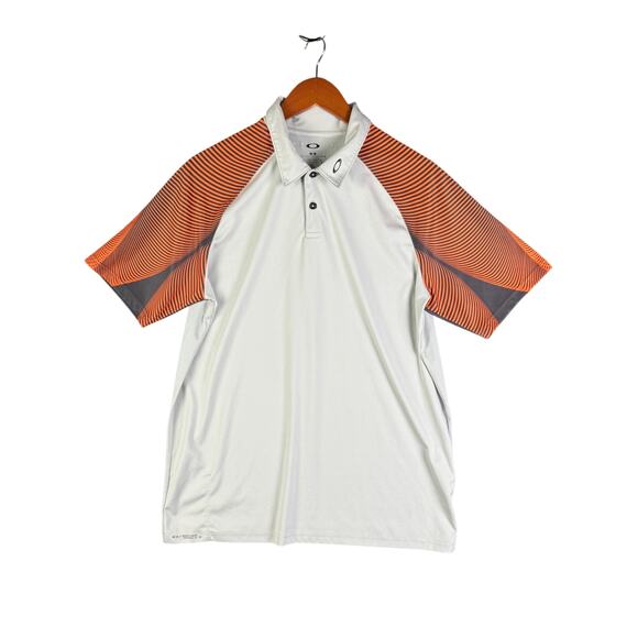Oakley Activewear Stretch Golf Polo‎ Shirt Gray Orange Geometric Sleeves Medium - Picture 1 of 10